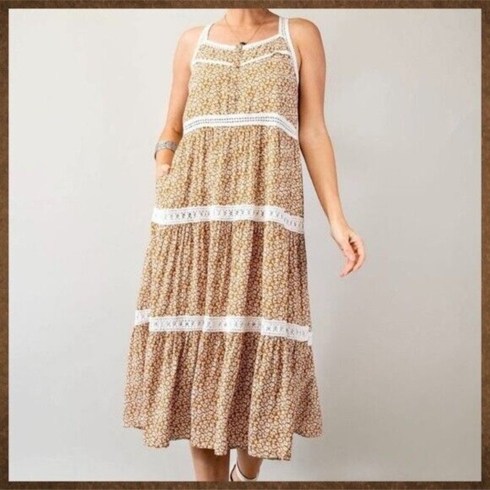 EASEL Racerback Floral Print Lace Trim Tiers Midi - Maxi Ruffled Hem - Picture 9 of 16